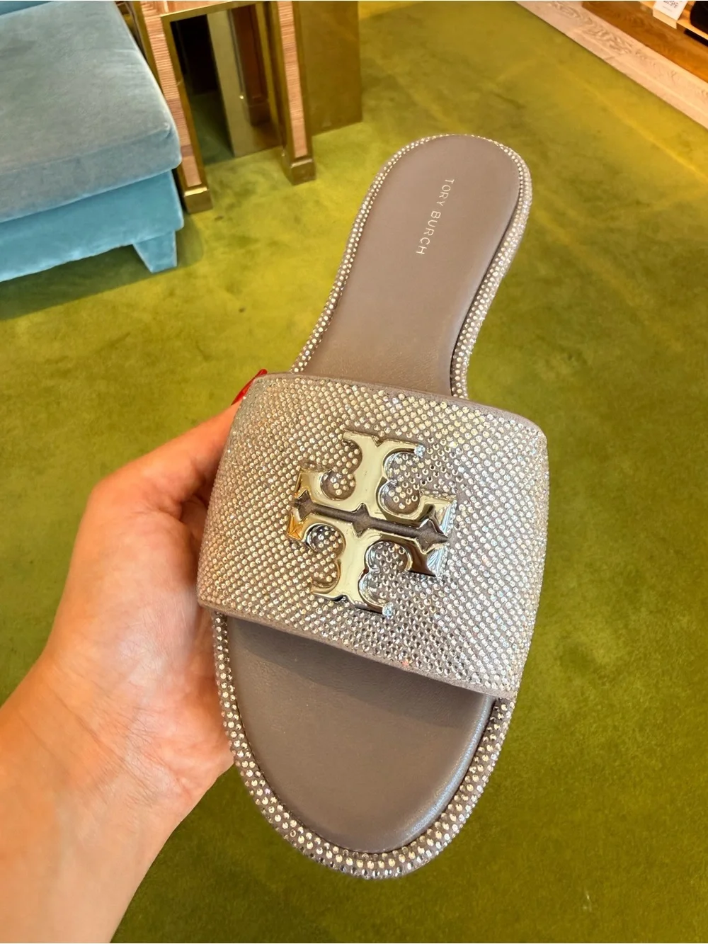 $375‎ Tory Burch Everly Rhinestone Slide Sandals, Dark Clay / Silver, RUNS SMALL